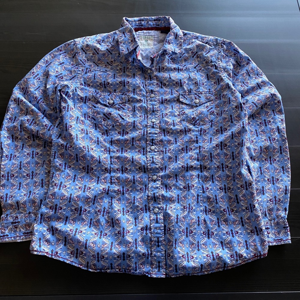 Panhandle Shirt Medium Rough Stock Womens Blue Southwestern Pearl Snap Western